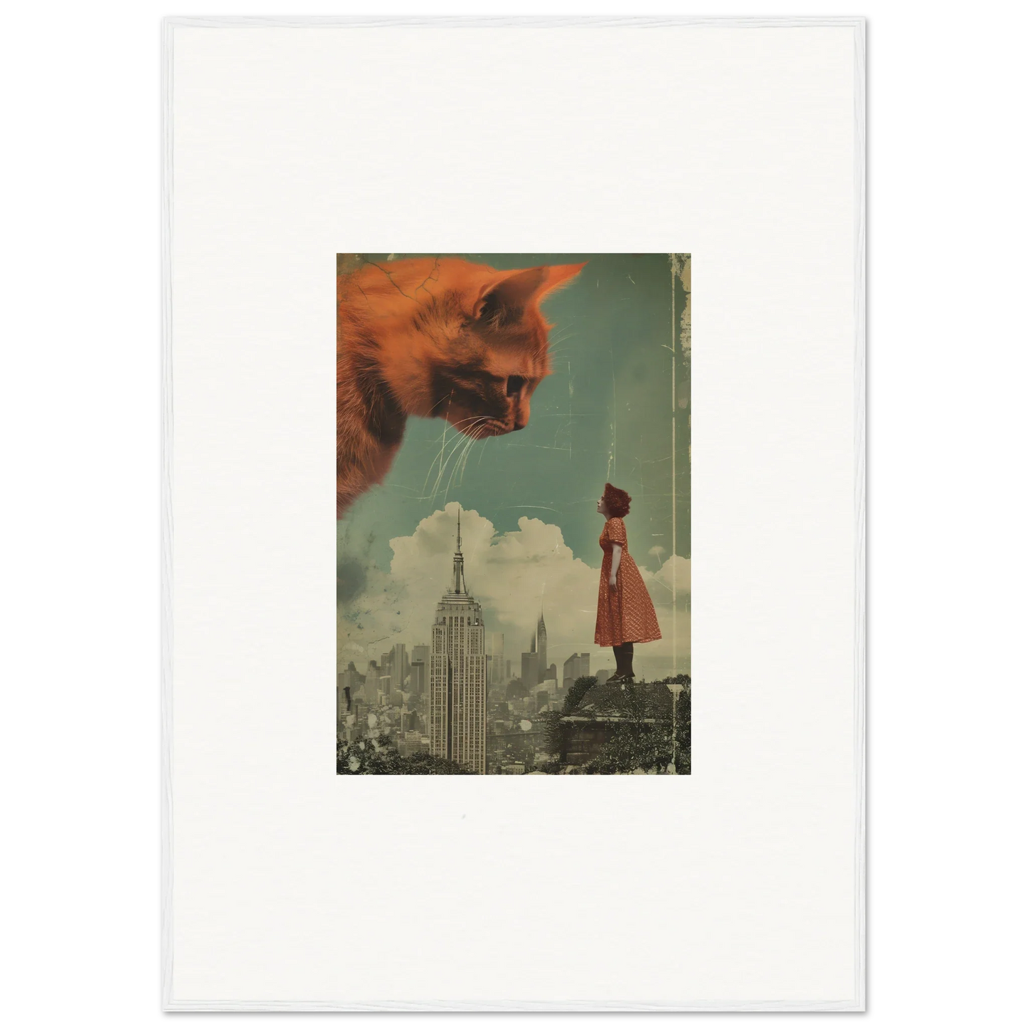 Surreal collage of a giant cat head over cityscape, perfect for giants gaze room decor