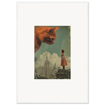 Surreal collage of a giant cat head over cityscape, perfect for giants gaze room decor