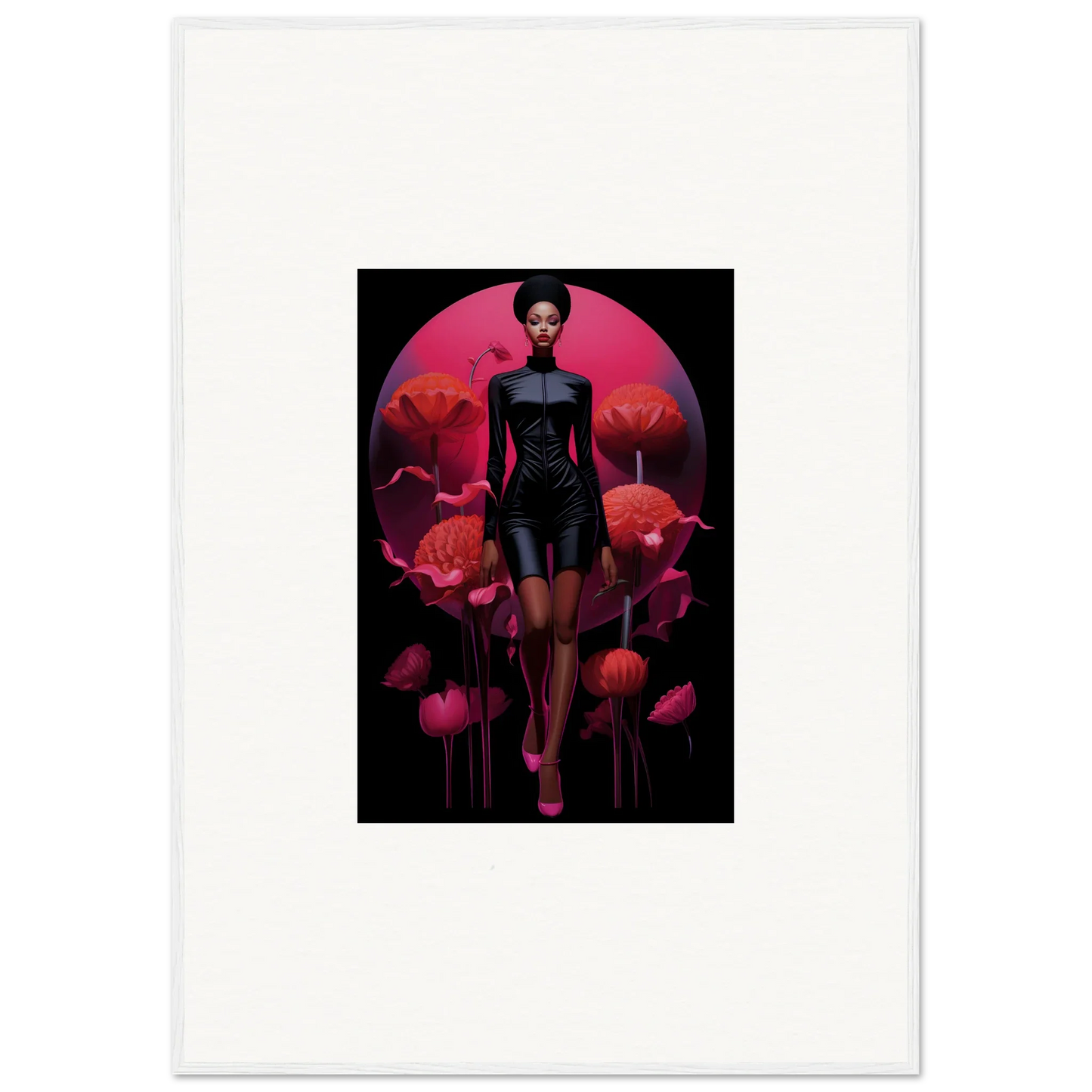 Stylized canvas print of a figure in a black dress, perfect for tribal reverie room decoration