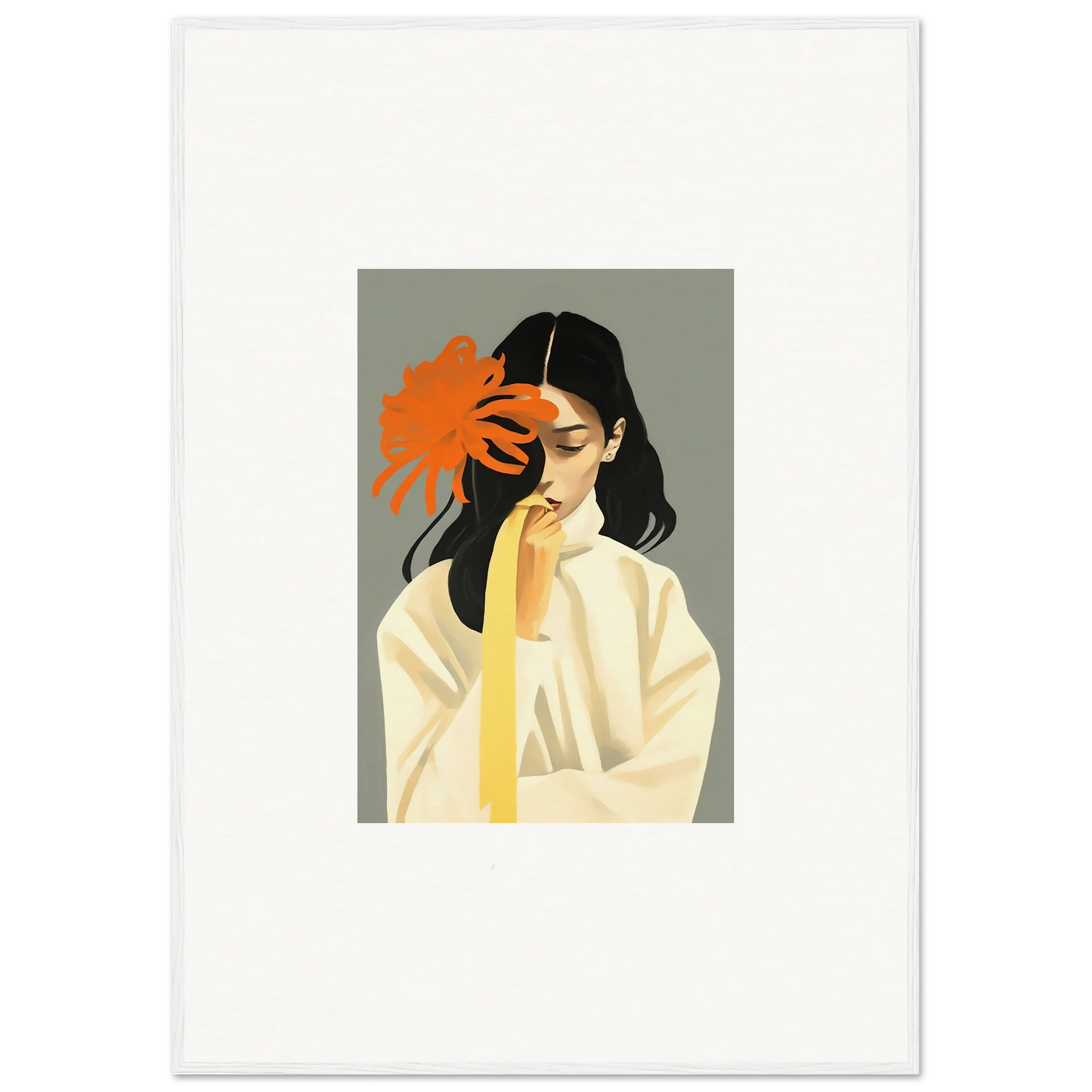 Stylized woman with dark hair holding an orange flower for dreams eternity canvas print