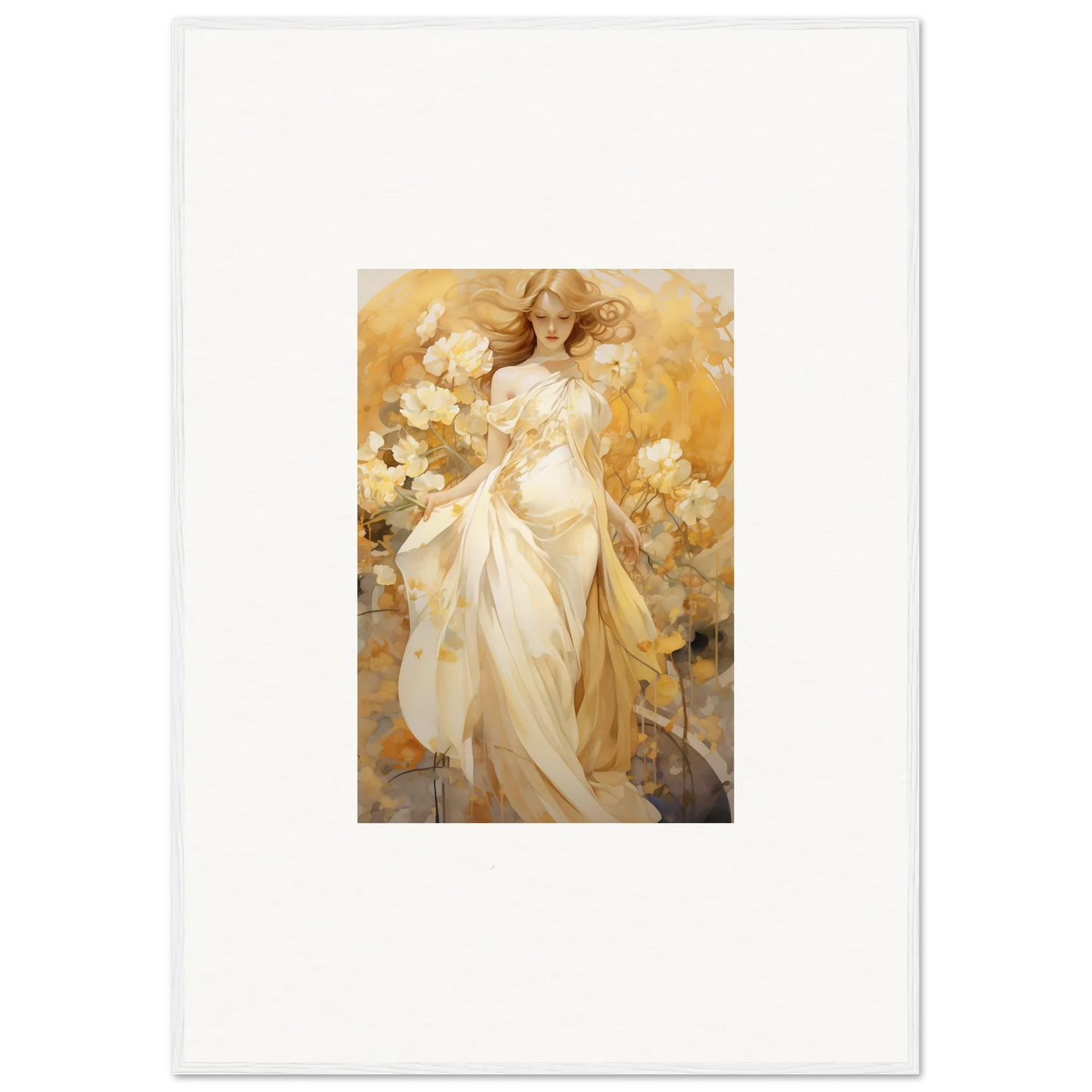 Ethereal woman in white dress with golden flowers, perfect for Silk Dream room decoration