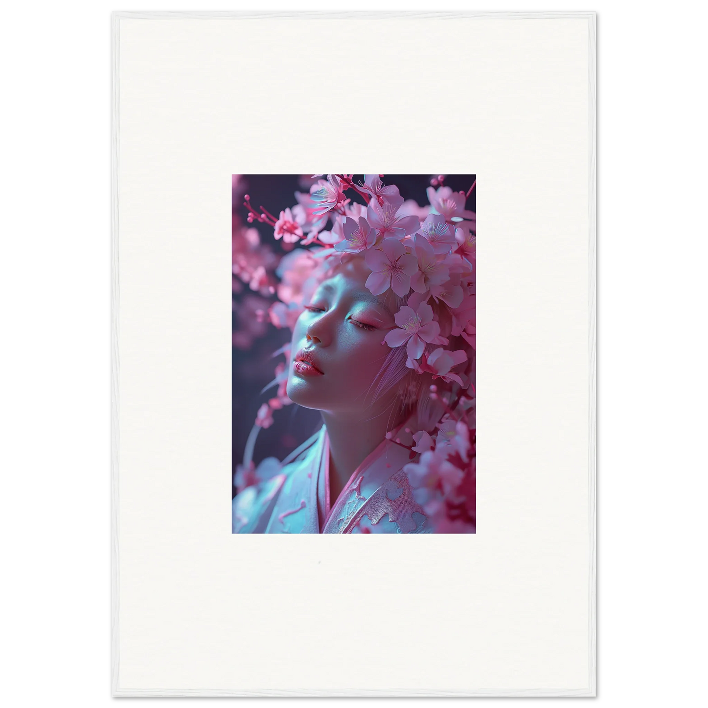 Ethereal portrait with pink cherry blossoms perfect for sakura dreams room decoration