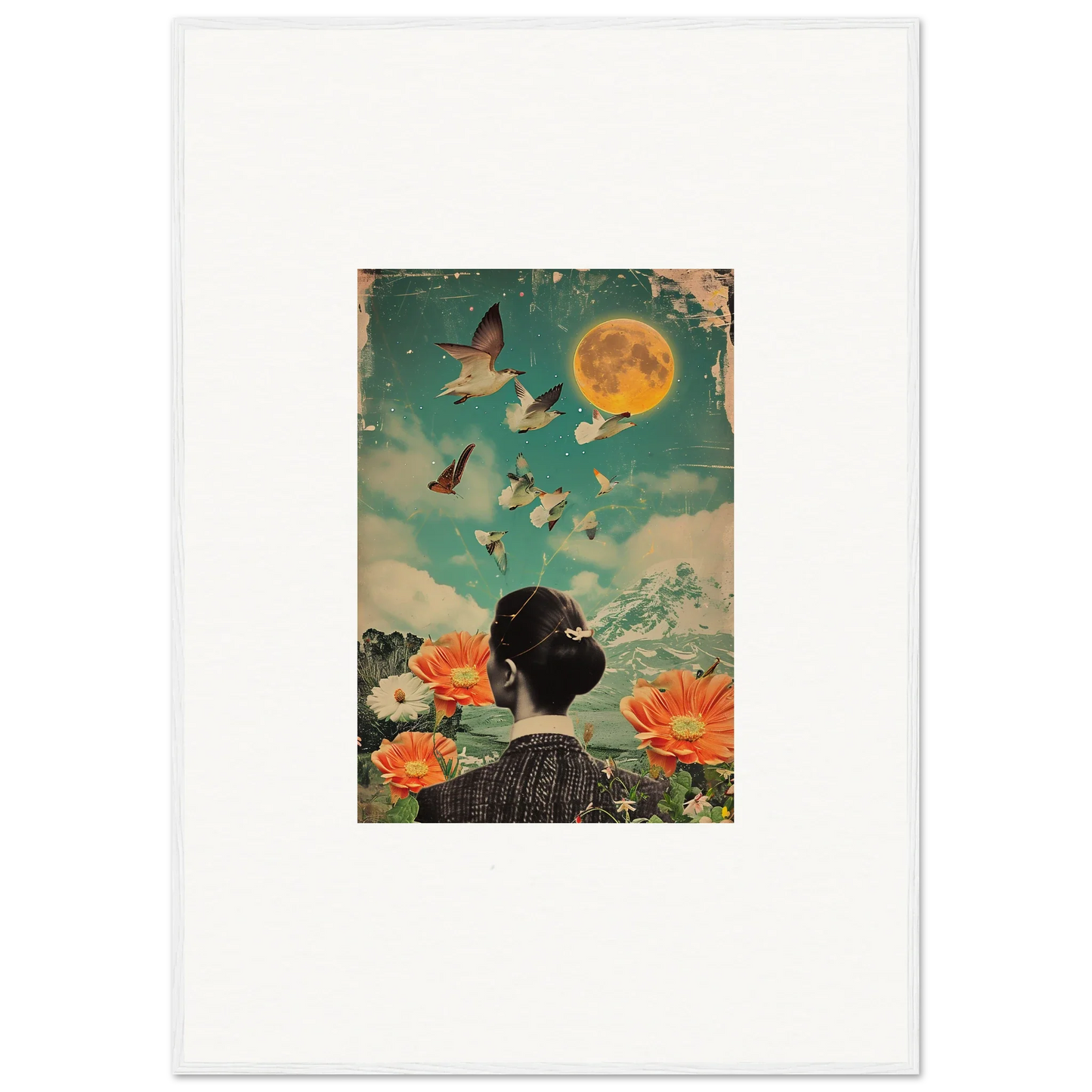 Vintage-style canvas print of Bloom Reverie with a dreamy collage of a woman’s back and nature