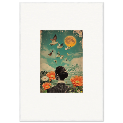 Vintage-style canvas print of Bloom Reverie with a dreamy collage of a woman’s back and nature