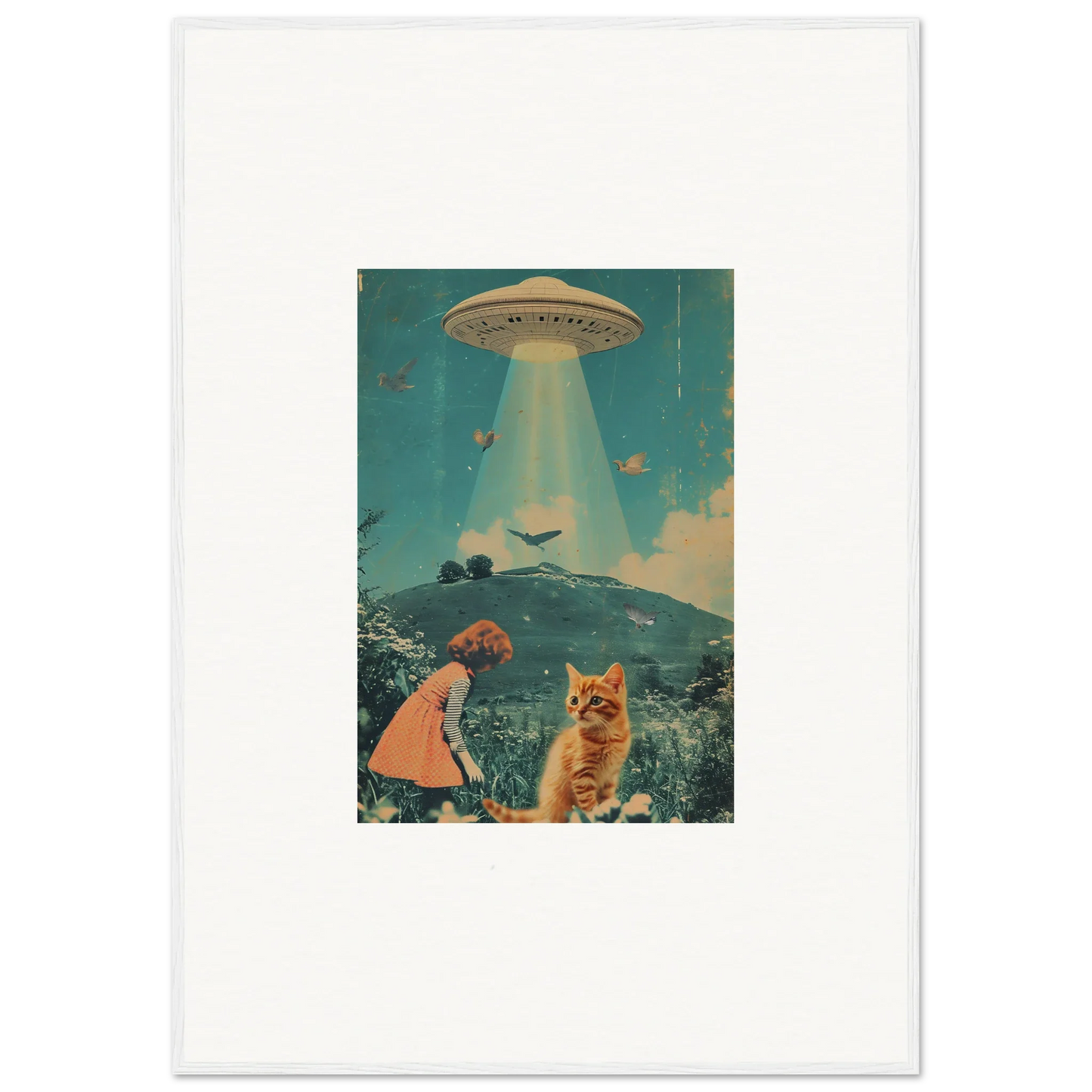 Surreal collage of a UFO, cat, and child in Thought Meadows for fun room decoration