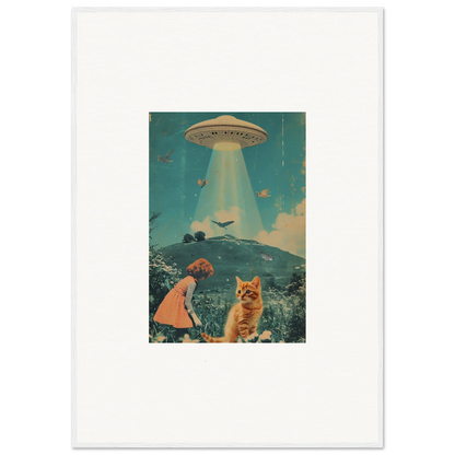 Surreal collage of a UFO, cat, and child in Thought Meadows for fun room decoration