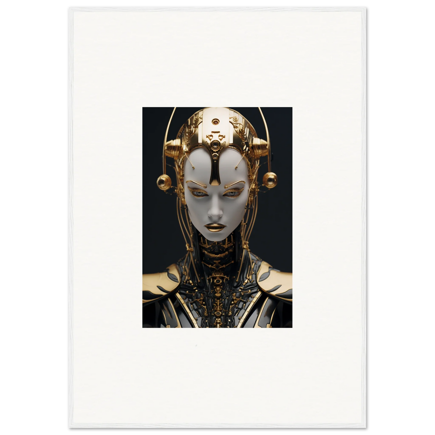 Futuristic robotic face with gold headpiece, perfect for a Fulgrid Manifestation canvas print