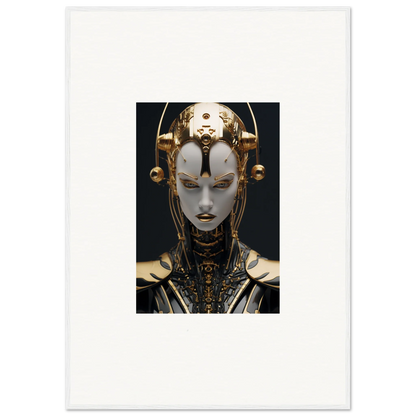 Futuristic robotic face with gold headpiece, perfect for a Fulgrid Manifestation canvas print