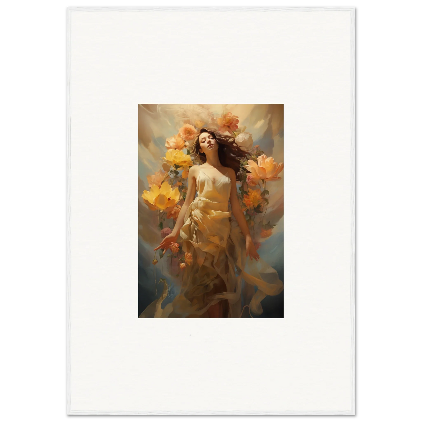 Colorful canvas print of a woman in a blossom odyssey with vibrant orange flowers