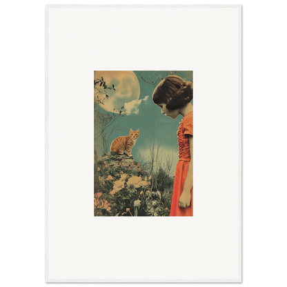 Vintage-style canvas print of a woman in a red dress and a cat, perfect for whimsy reverie room decoration