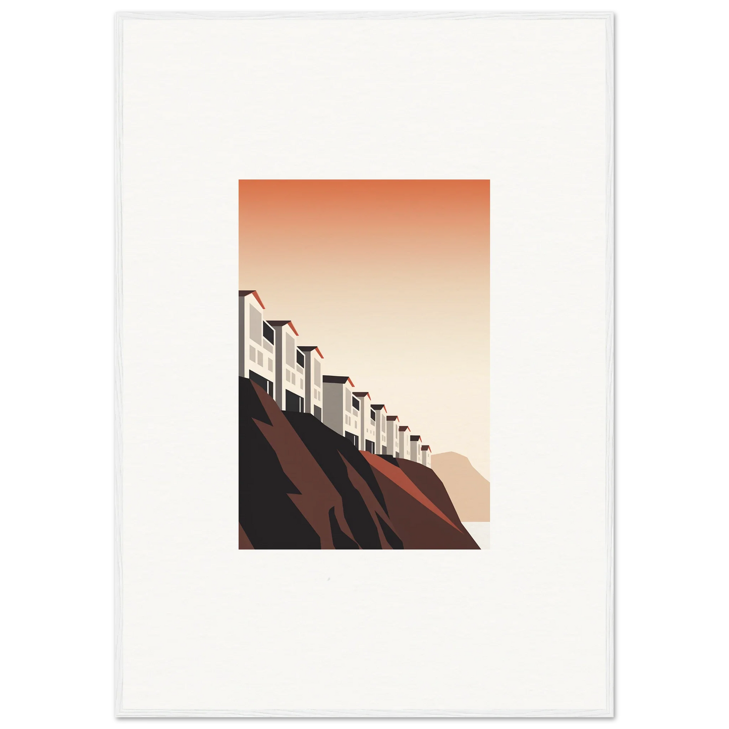 Stylized hillside houses with a gradient sky, perfect for room decoration wall art