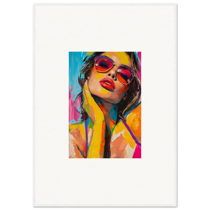 Colorful canvas print of a woman in red sunglasses, perfect for mind prism room decoration