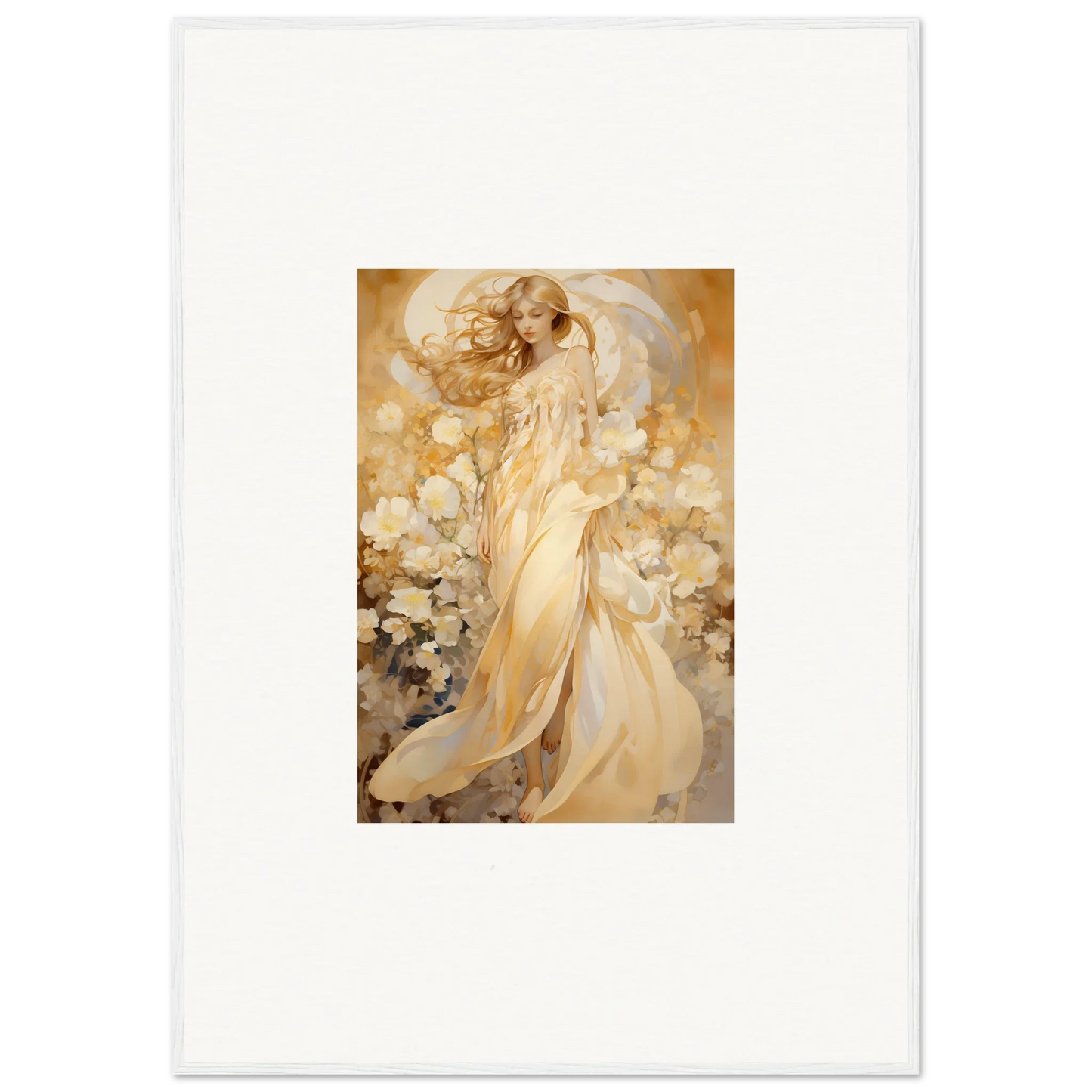 Ethereal woman in golden robes with flowers for floral harmony canvas print