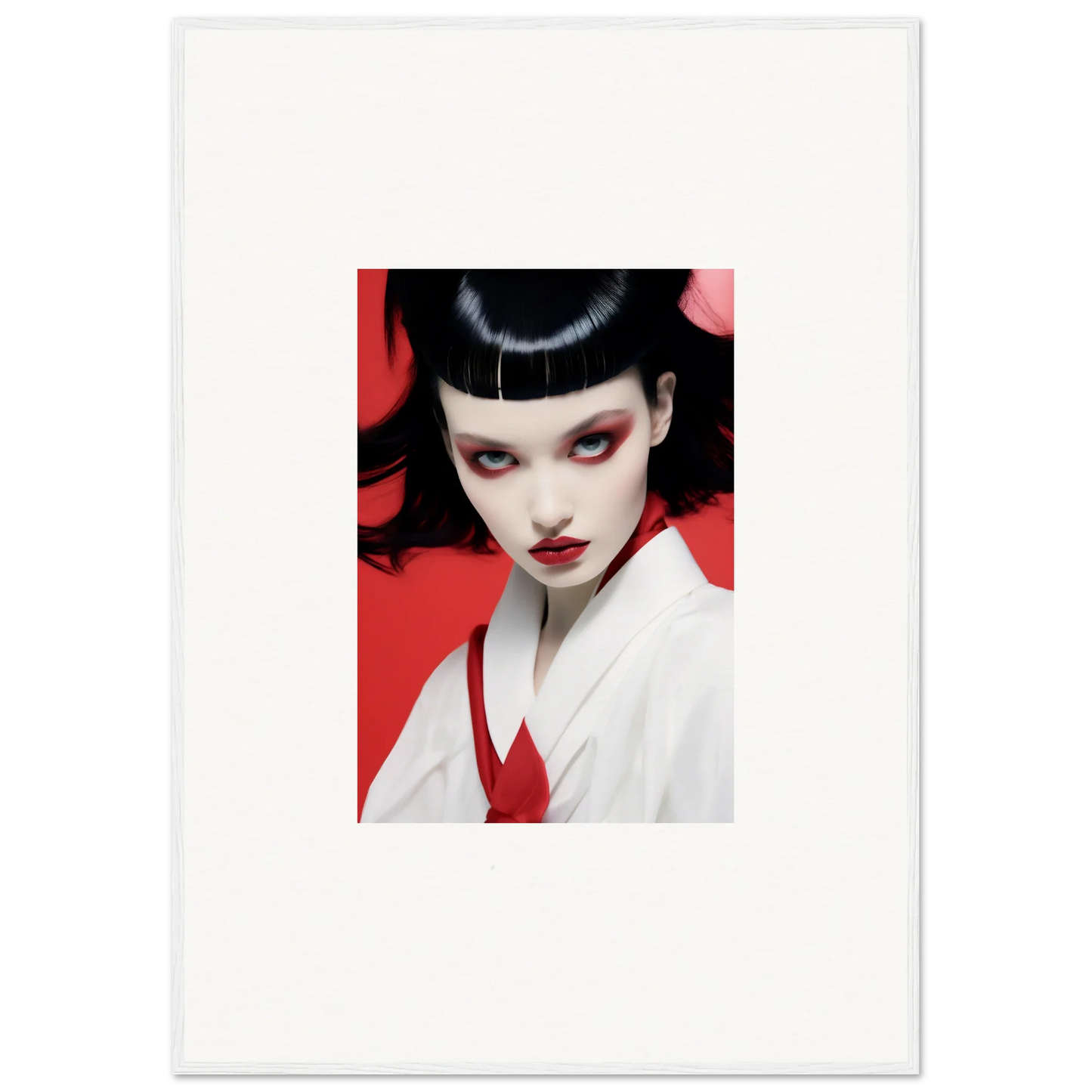 Woman with bold geisha makeup on red background, perfect for your Cherry Dream canvas print