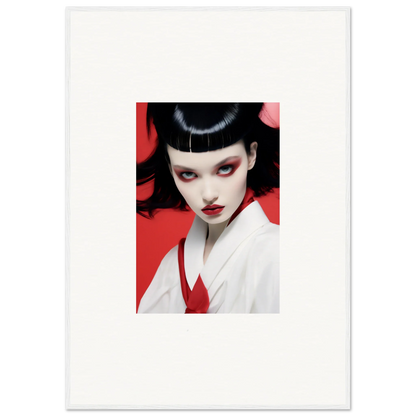 Woman with bold geisha makeup on red background, perfect for your Cherry Dream canvas print