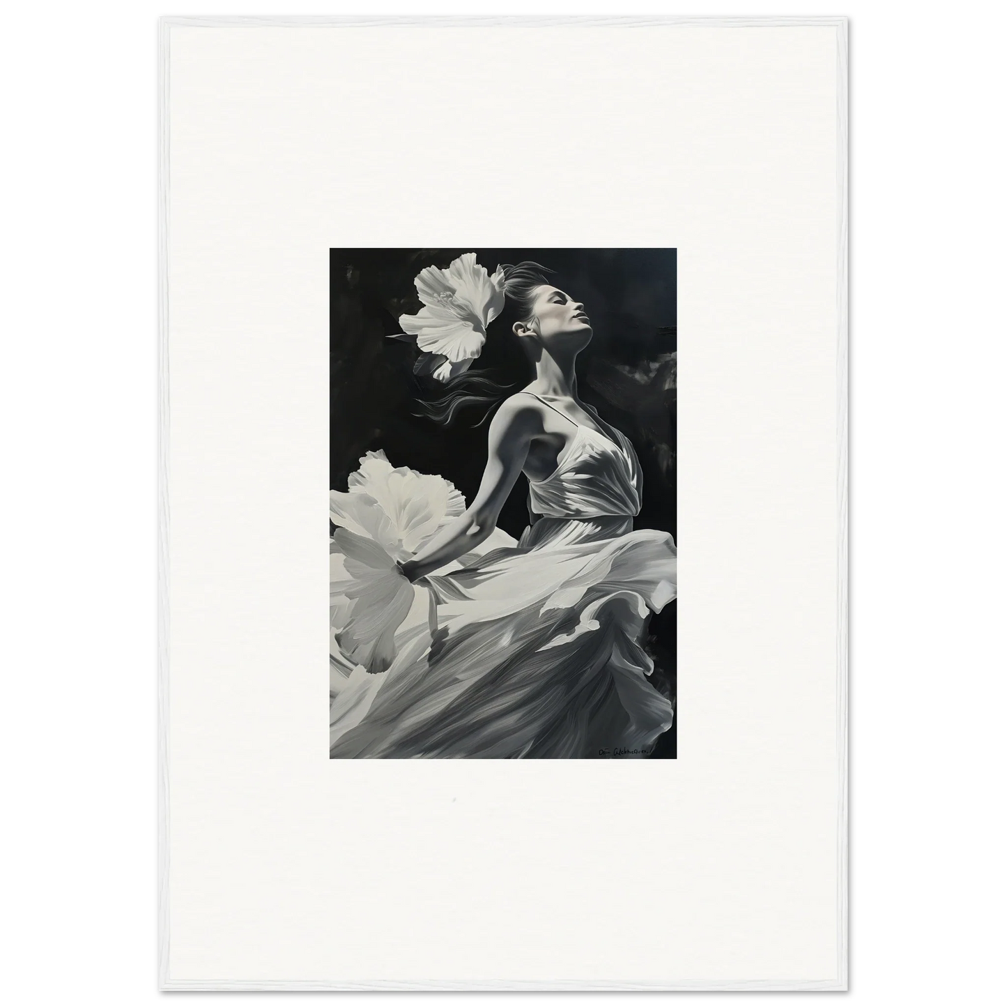 Black and white canvas print of a graceful figure in fabric with flower petals, visionary reverie