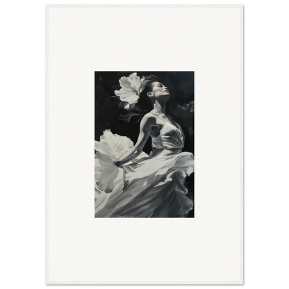 Black and white canvas print of a graceful figure in fabric with flower petals, visionary reverie