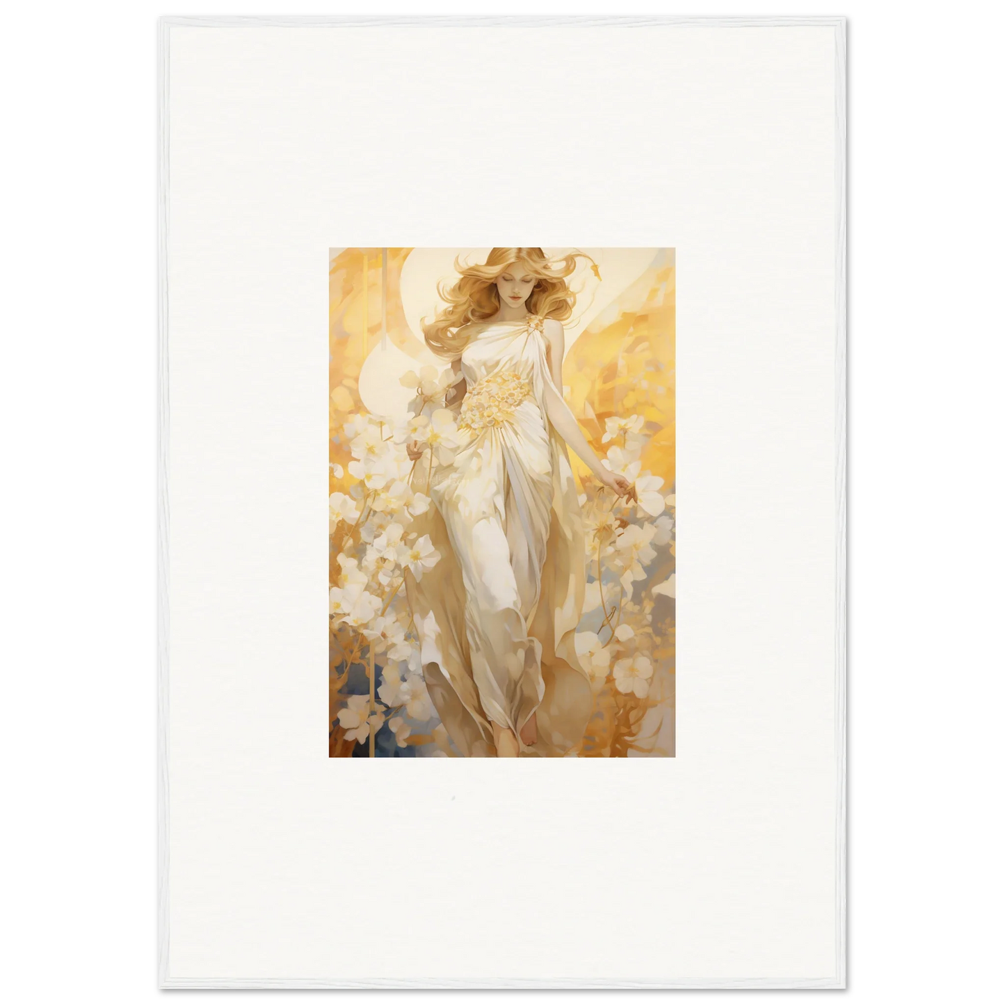 Ethereal Blossom Reverie canvas print of a woman in a white dress with golden light