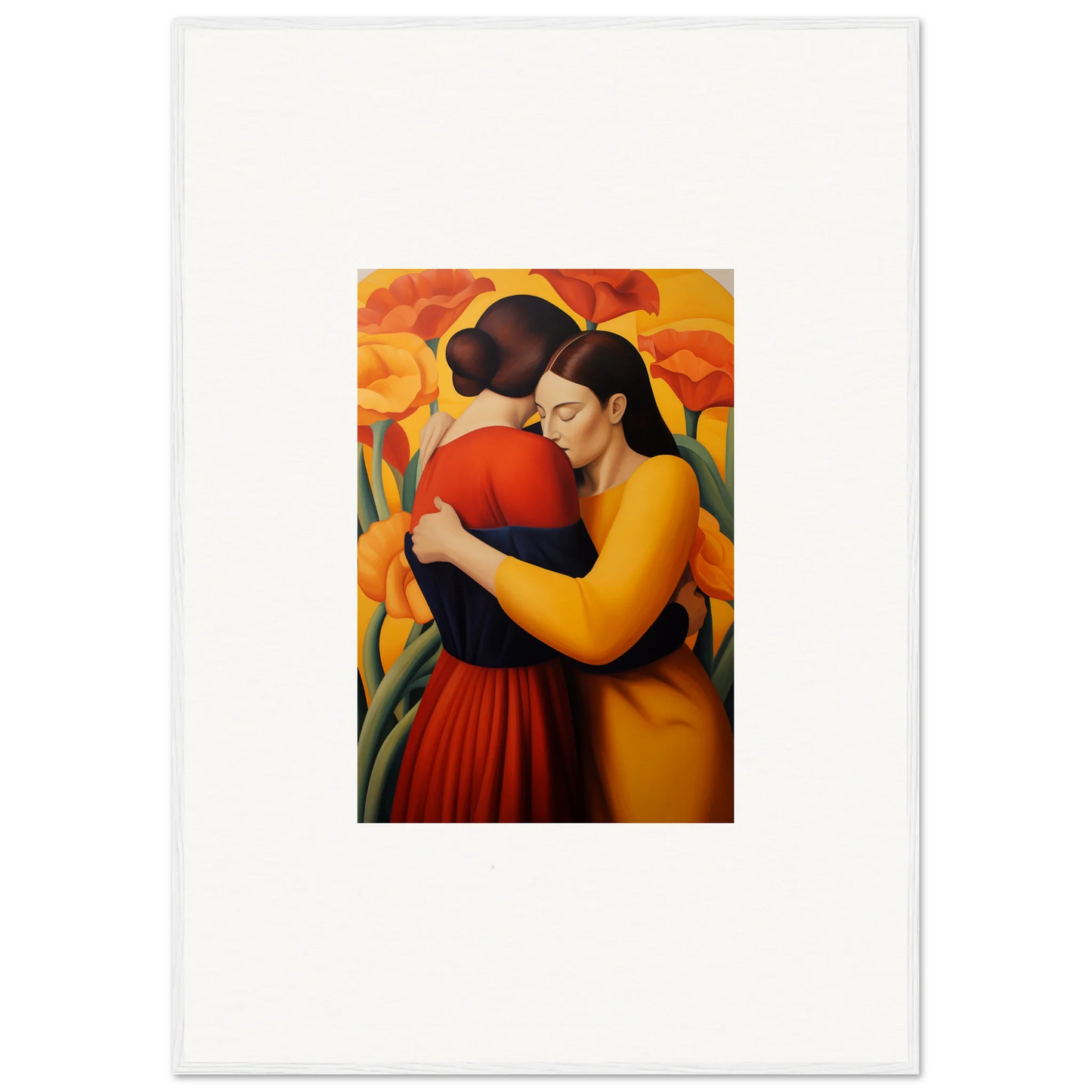 Vibrant canvas print of two women embracing, perfect for room decoration and floral fondness