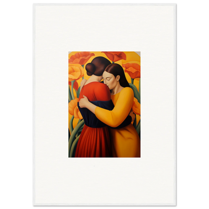 Vibrant canvas print of two women embracing, perfect for room decoration and floral fondness