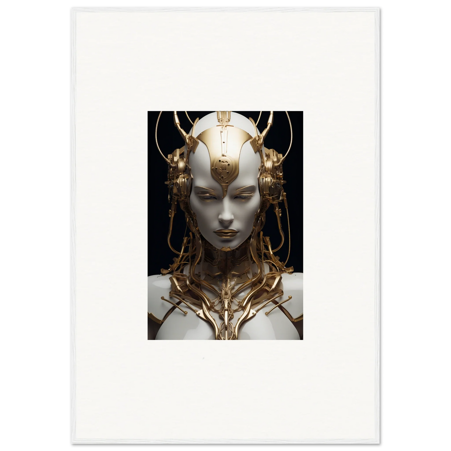 Futuristic bust with ornate golden headpiece perfect for a Monarch Dream canvas print