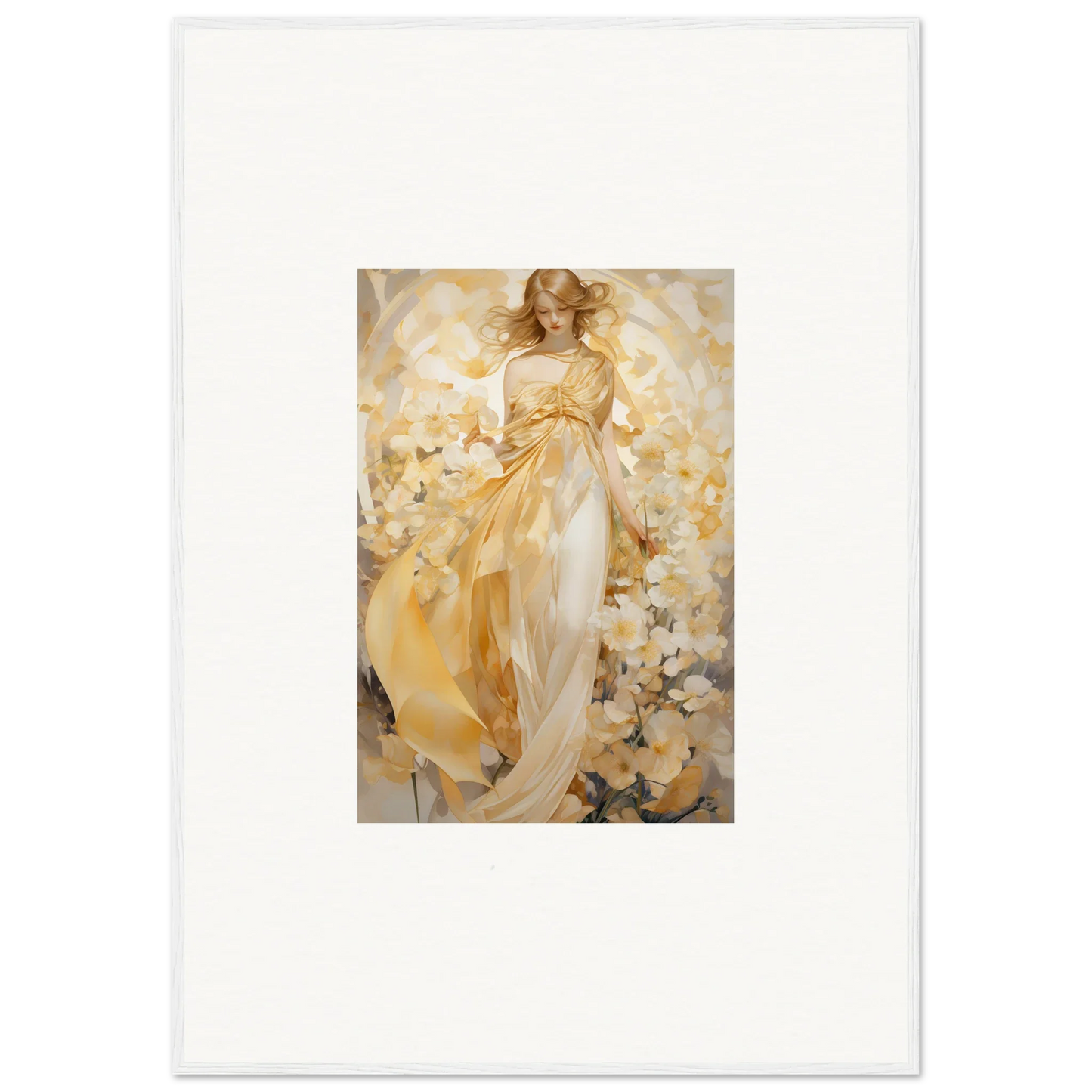 Ethereal painting of a woman in a golden dress for dreamy room decoration canvas print