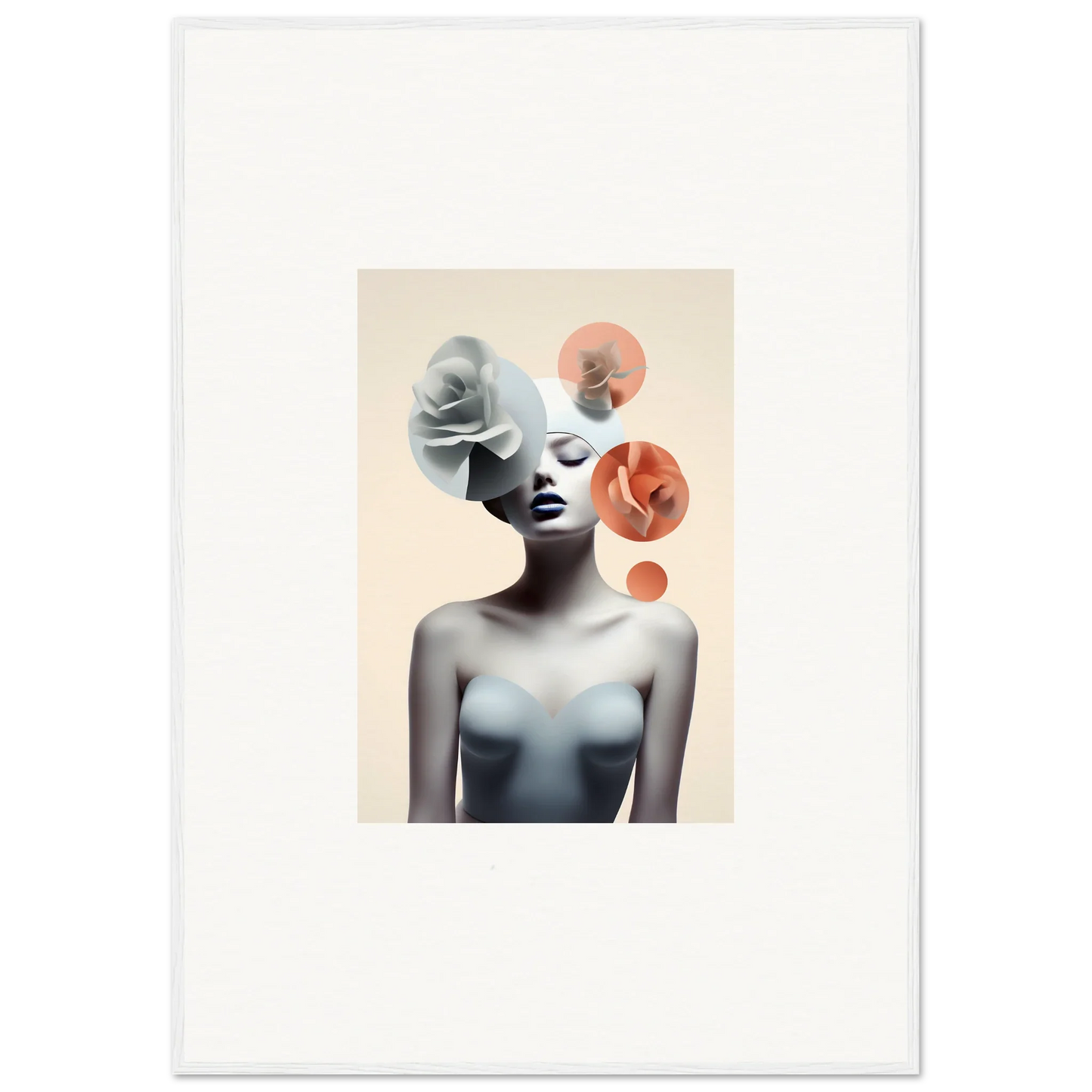 Surrealist canvas print of a woman with abstract circles, perfect for Blossom Nexus room decoration