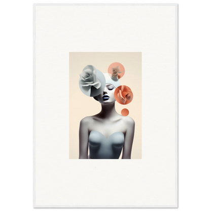 Surrealist canvas print of a woman with abstract circles, perfect for Blossom Nexus room decoration