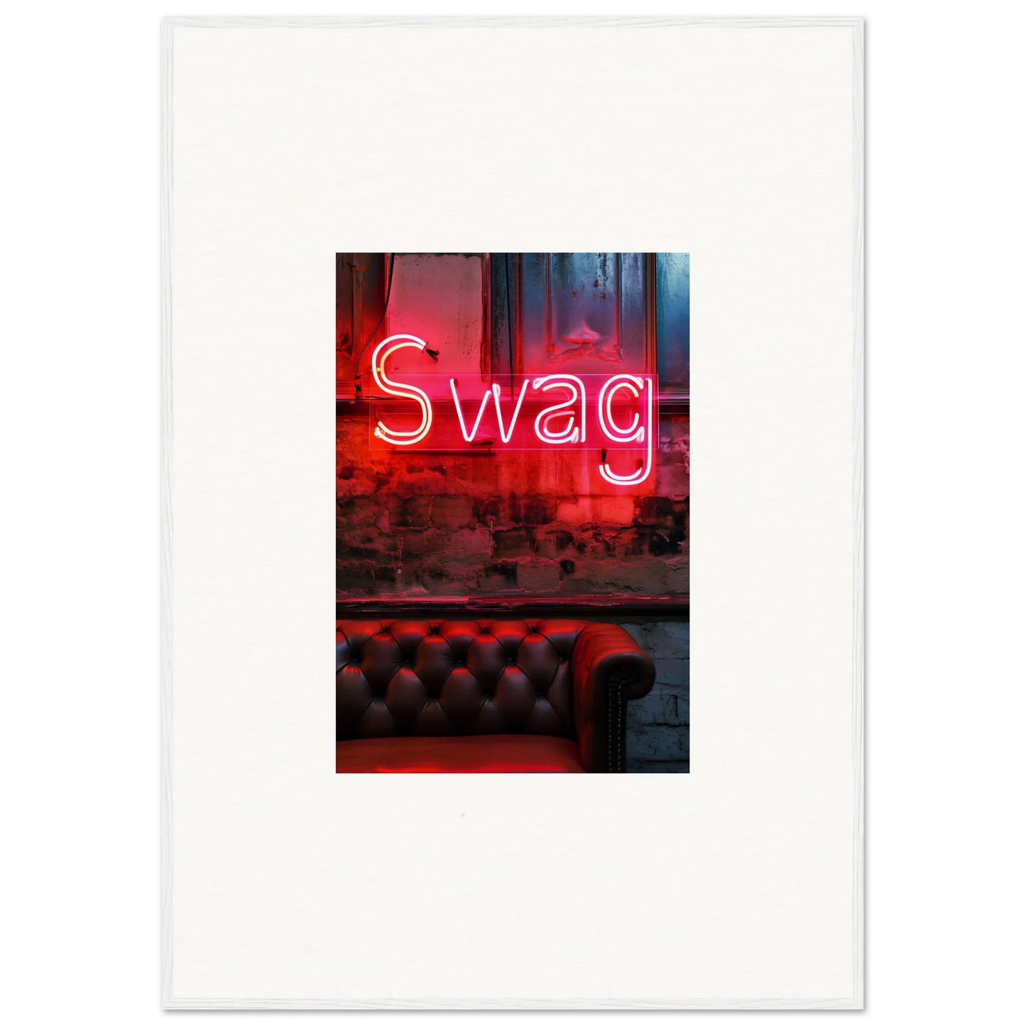 Neon red Swag sign glowing on dark background, perfect for room decoration wall art