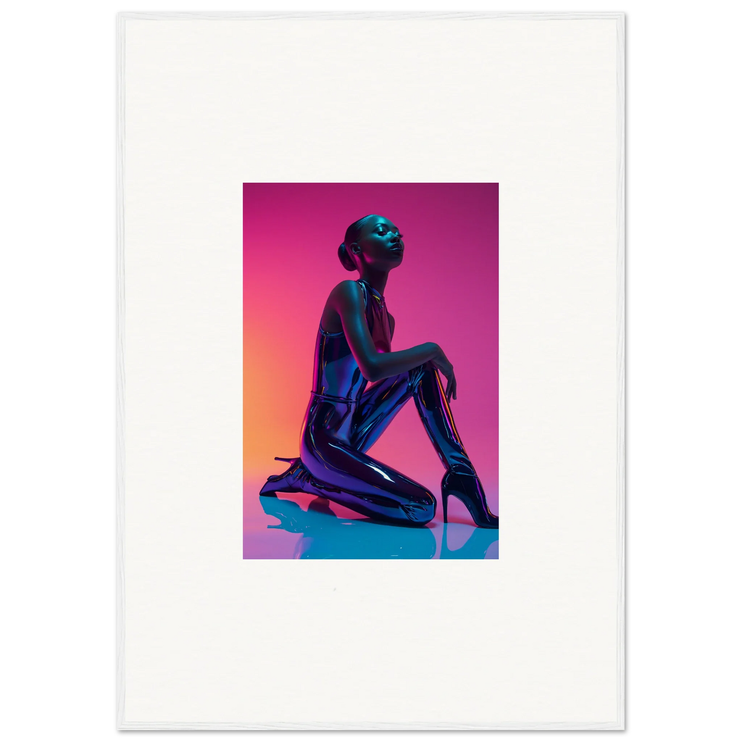 Silhouette of a kneeling figure in Neon Vortex bodysuit on vibrant gradient canvas print