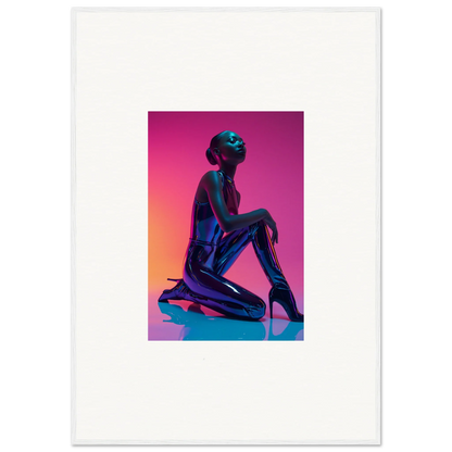 Silhouette of a kneeling figure in Neon Vortex bodysuit on vibrant gradient canvas print