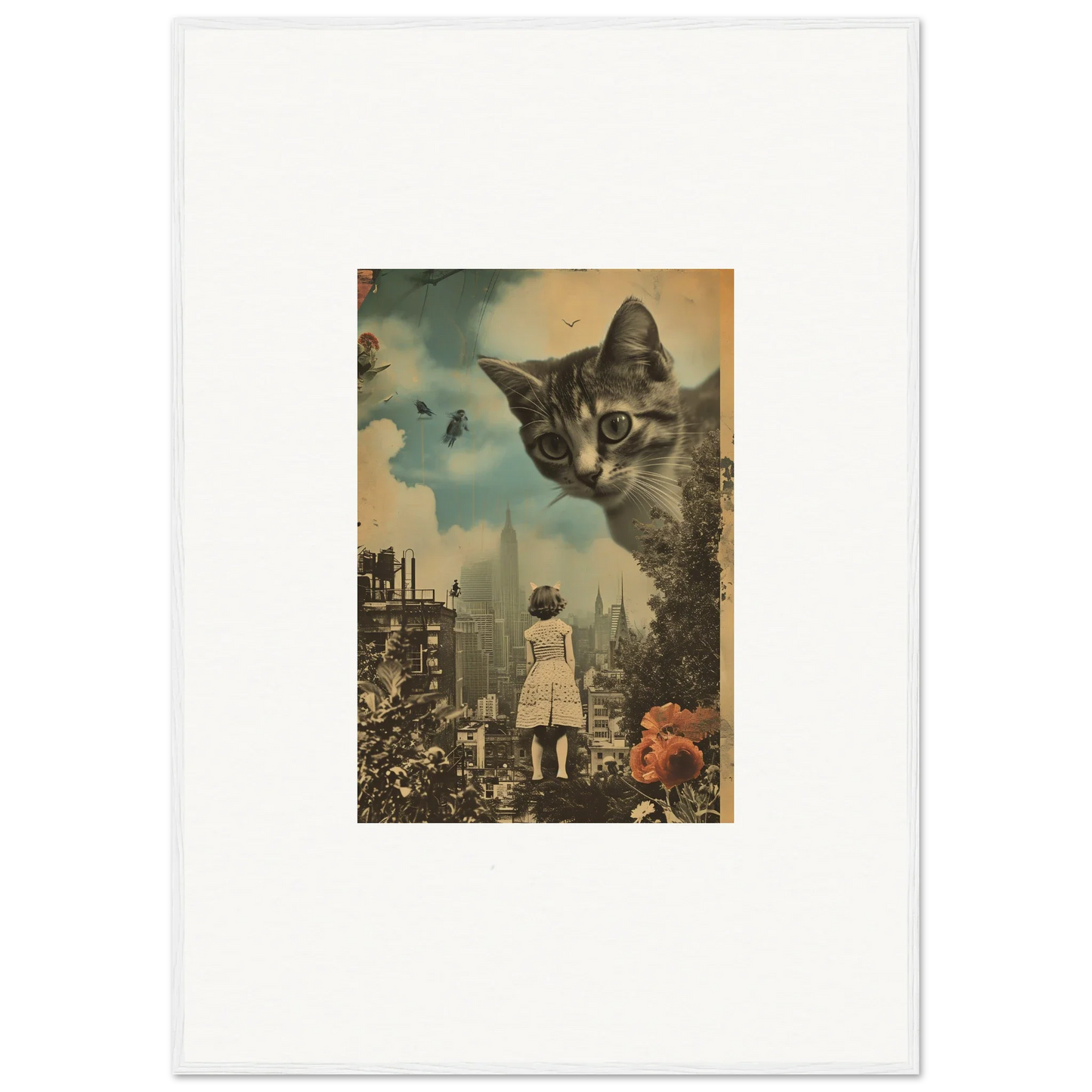 Surreal collage of a giant cat’s face over a cityscape, perfect canvas print wall art