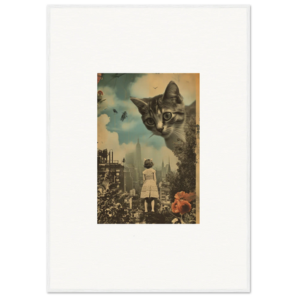 Surreal collage of a giant cat’s face over a cityscape, perfect canvas print wall art