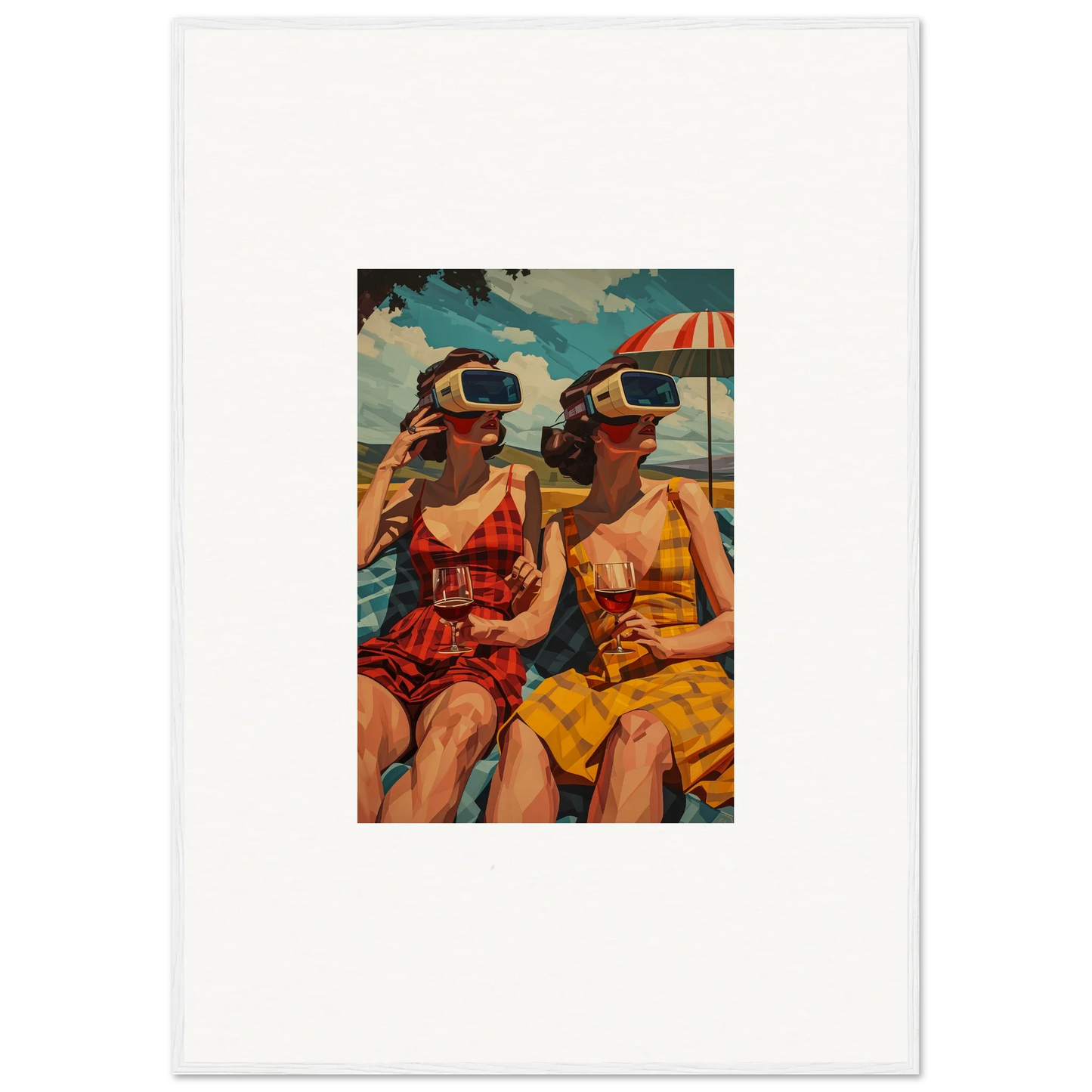 Vintage illustration of women in swimsuits with VR headsets, perfect for morning sunshine decor