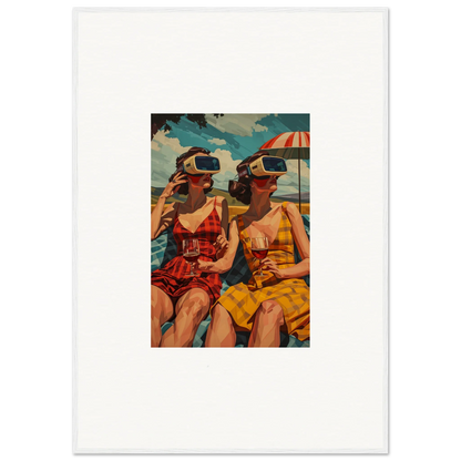 Vintage illustration of women in swimsuits with VR headsets, perfect for morning sunshine decor