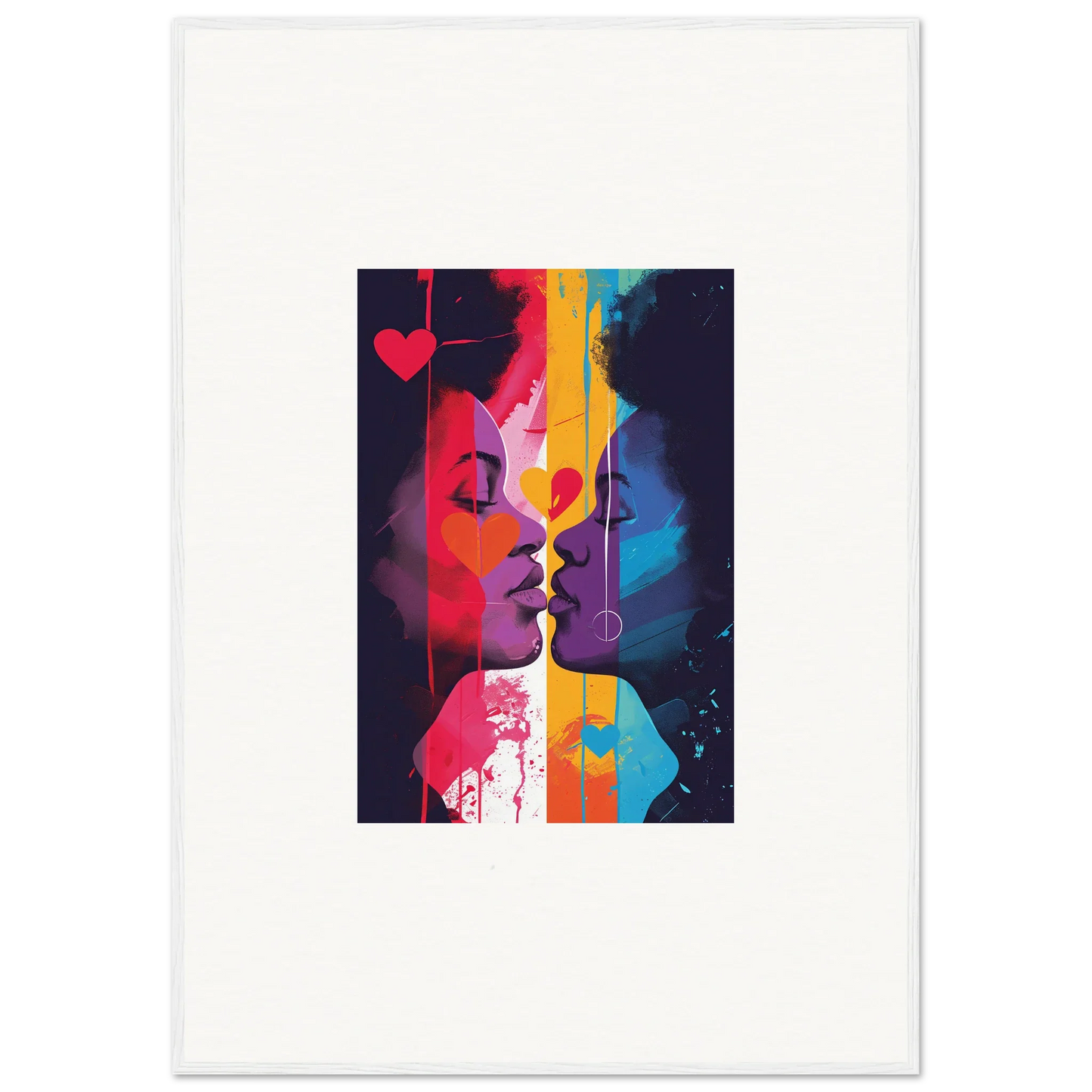 Colorful abstract canvas print of heartwave reflection with two silhouettes ready to kiss