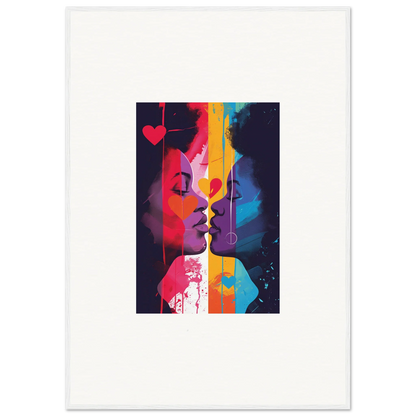 Colorful abstract canvas print of heartwave reflection with two silhouettes ready to kiss