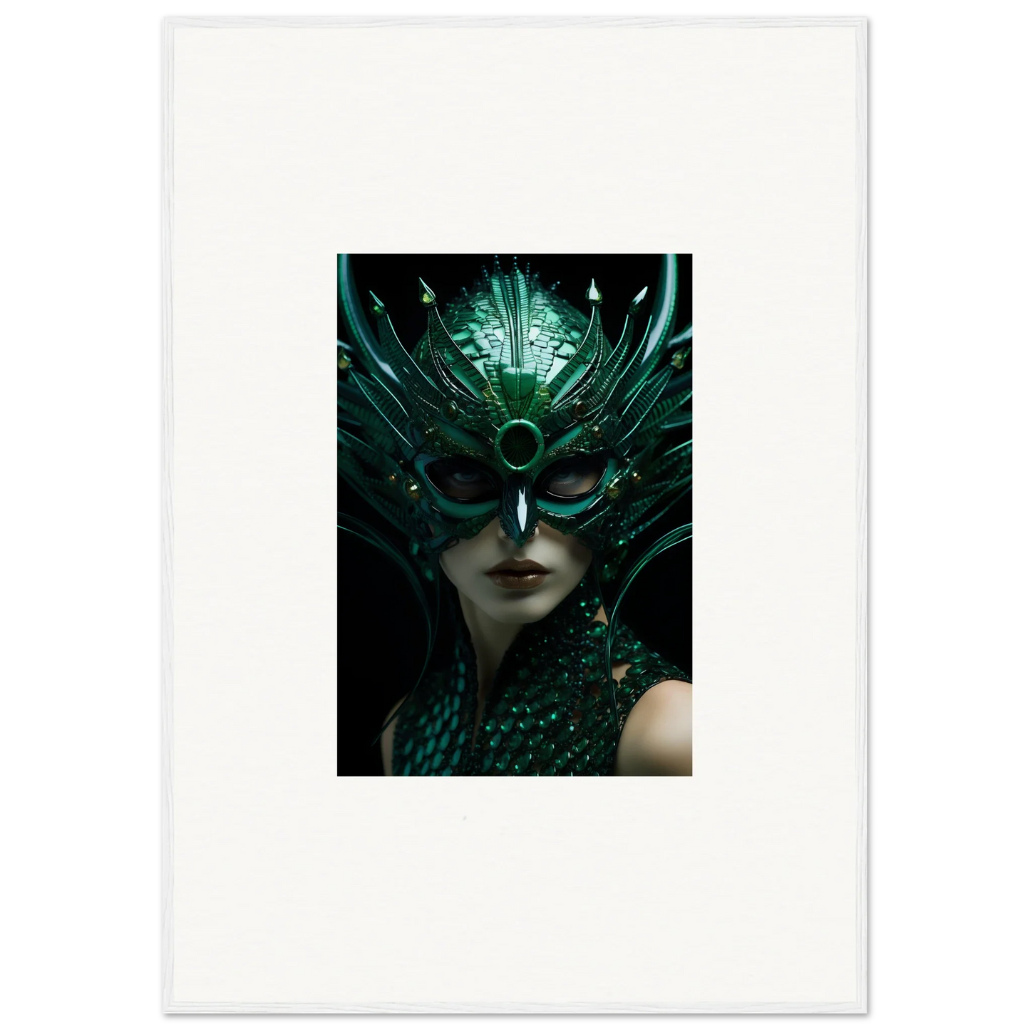 Ornate green mask with feathers, perfect for room decoration or a canvas print, Green Enigma Enunciations