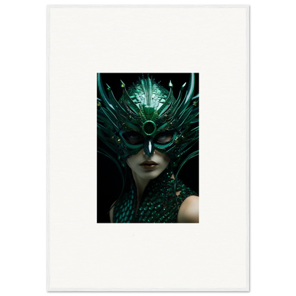 Ornate green mask with feathers, perfect for room decoration or a canvas print, Green Enigma Enunciations