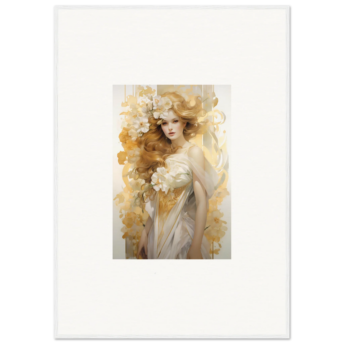 Ethereal Flora Serenade portrait of a woman with flowers, perfect for room decor