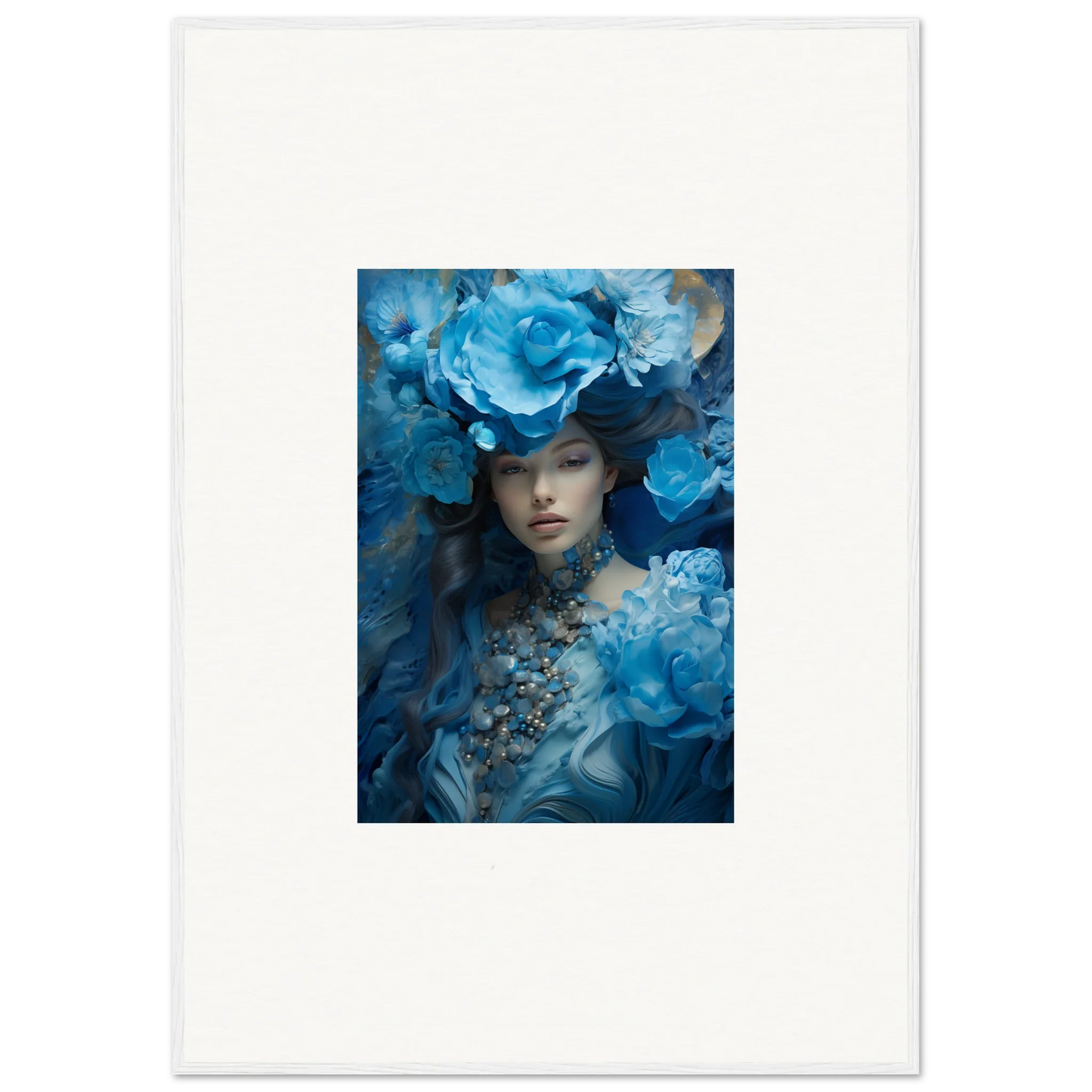 Ethereal figure with blue flowers, perfect for a Dreaming Blue Symphony canvas print