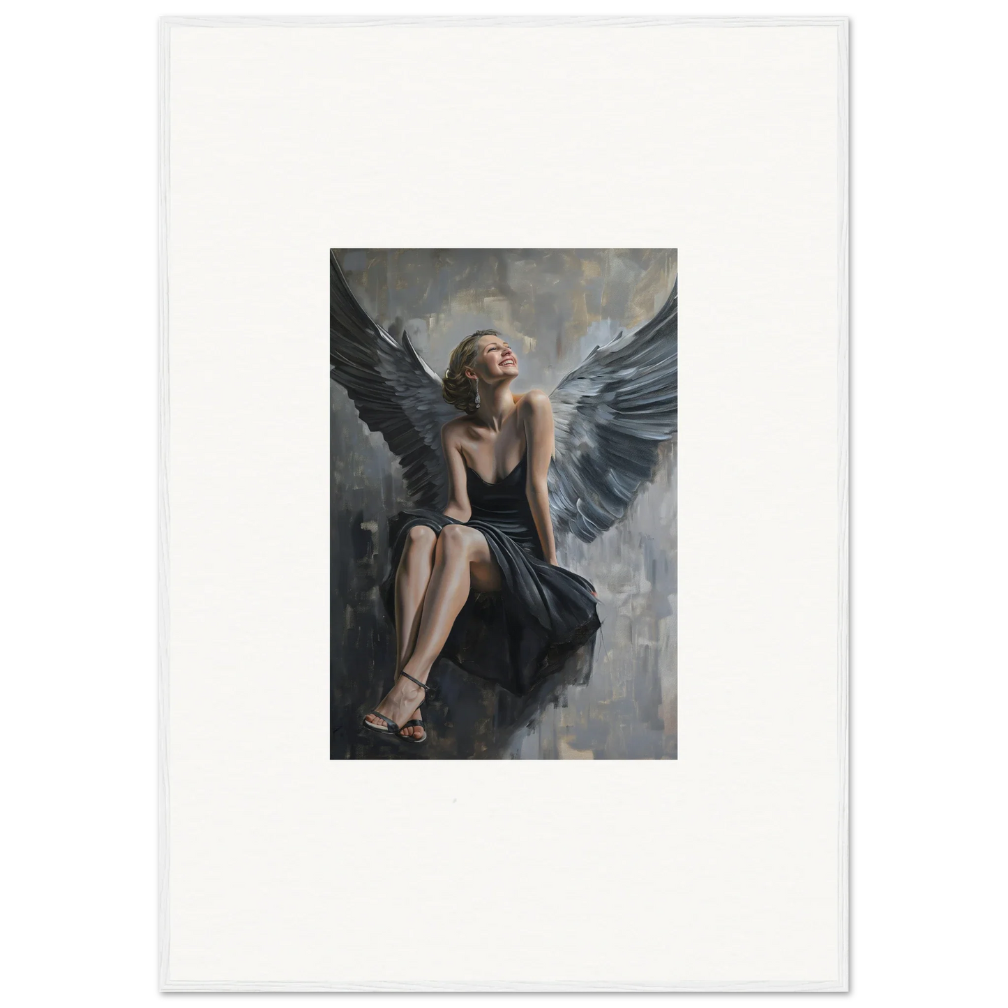 Winged figure in dark dress on a ledge for a dreamy canvas print, perfect room decoration