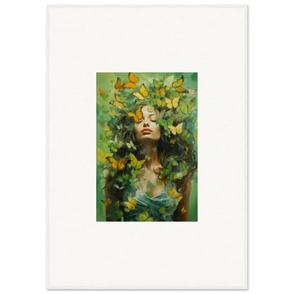 Vibrant canvas print of a woman in Chrysalis Ecstasy with yellow butterflies and greenery