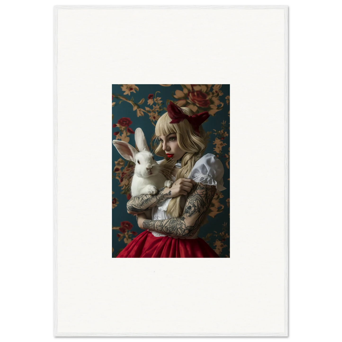 Person with pale makeup holding a white rabbit for Rabbit Dreams canvas print