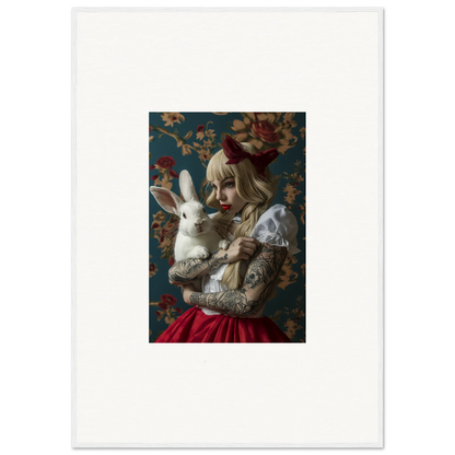 Person with pale makeup holding a white rabbit for Rabbit Dreams canvas print