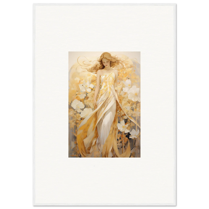 Ethereal painting of a woman in a golden dress among whispering petals, perfect for room decoration