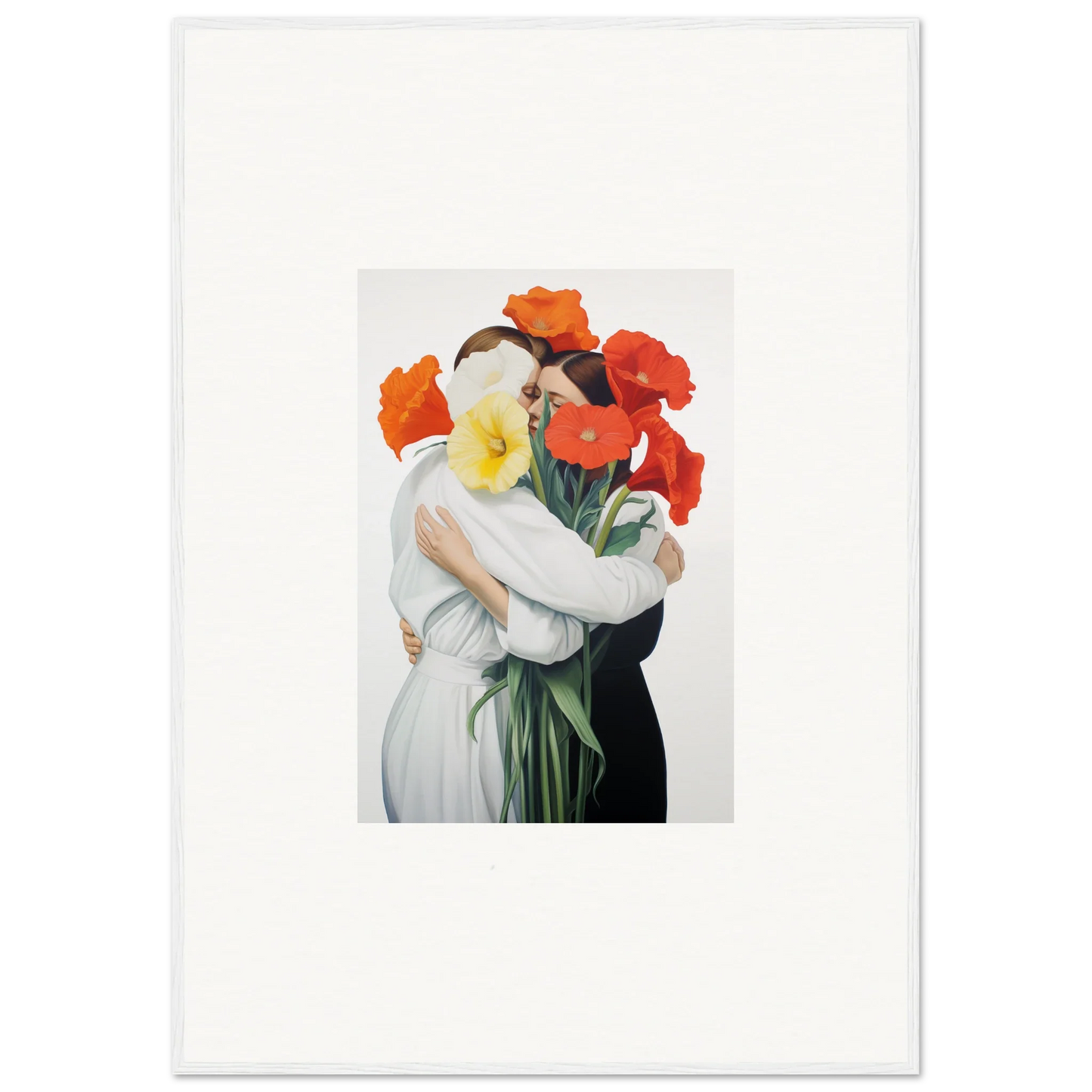 Surrealist canvas print of a couple’s vortex embrace with vibrant flower heads for room decoration