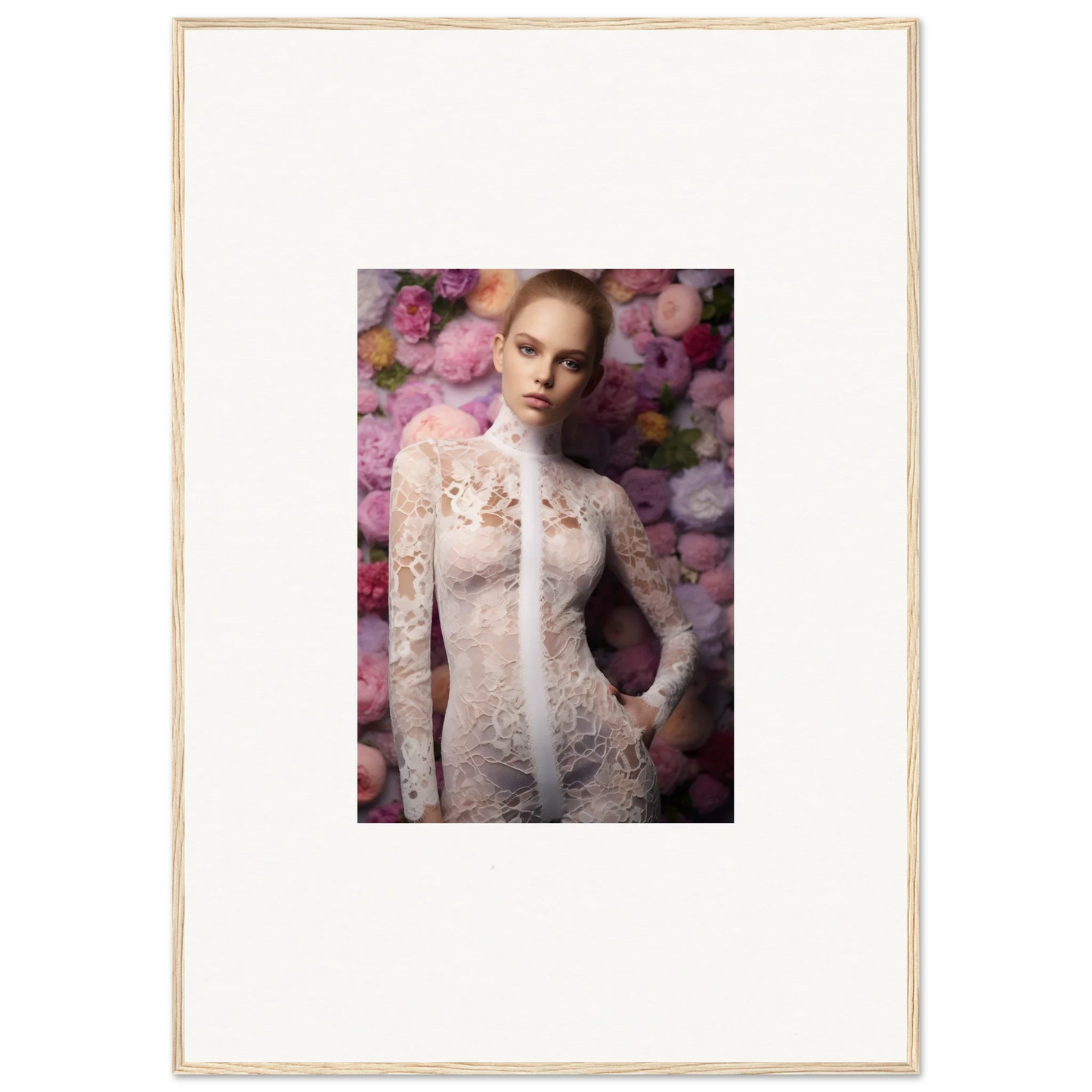 Portrait of a woman in a delicate white lace dress surrounded by pink flowers.