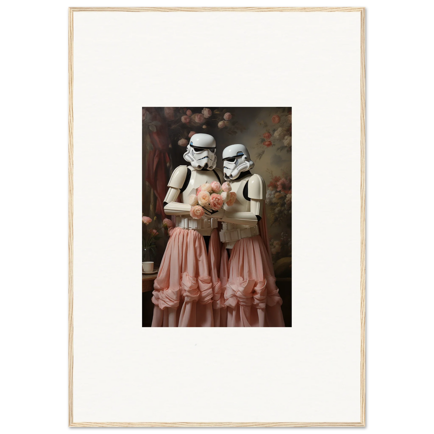 Framed artwork depicting two Stormtroopers wearing pink tulle skirts and holding a bouquet.