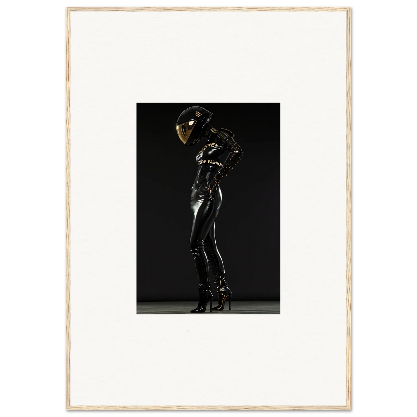 Figure in a shiny black bodysuit and helmet posed dramatically against a dark background.